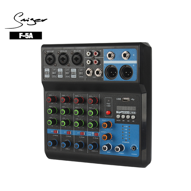 Fabricación 48V Phantom Power Delay Mic Efecto USB Audio Mixer 5 canales F-5A